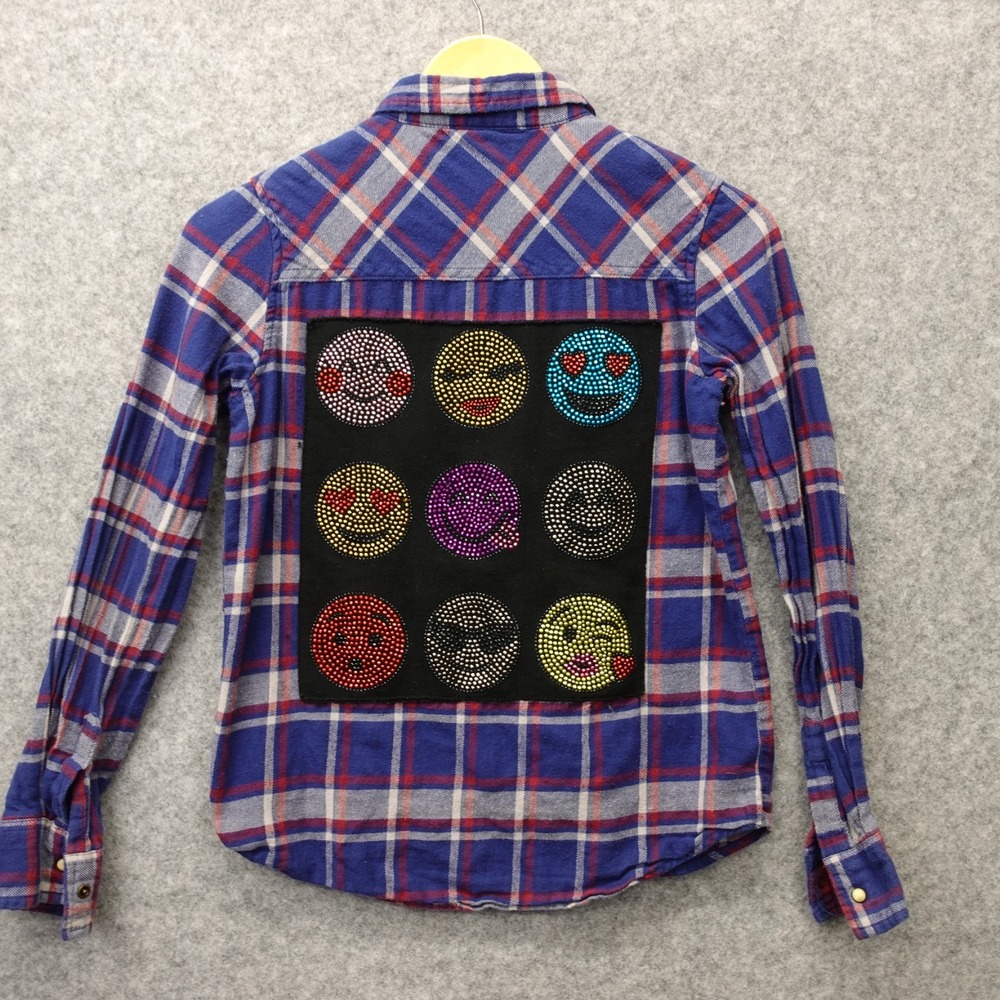 Girls Flannel Shirt Rhinestone Emoji L Blue Plaid Smiley Patch Pearl Snap BUTTER